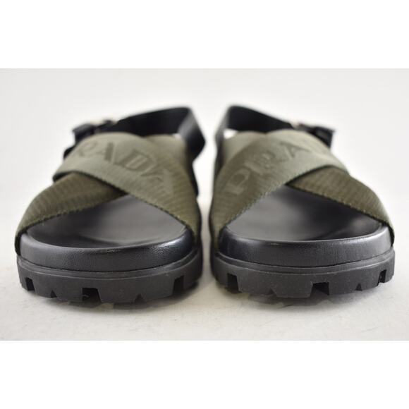Prada Montana Nastro Criss Cross Strap Buckle Green Black Logo Flat Sandal 35.5 - Picture 9 of 16